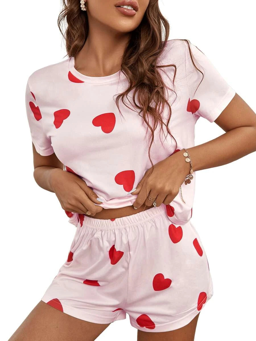 2 Piece Set Elegant Print Tee And Shorts Light Pink