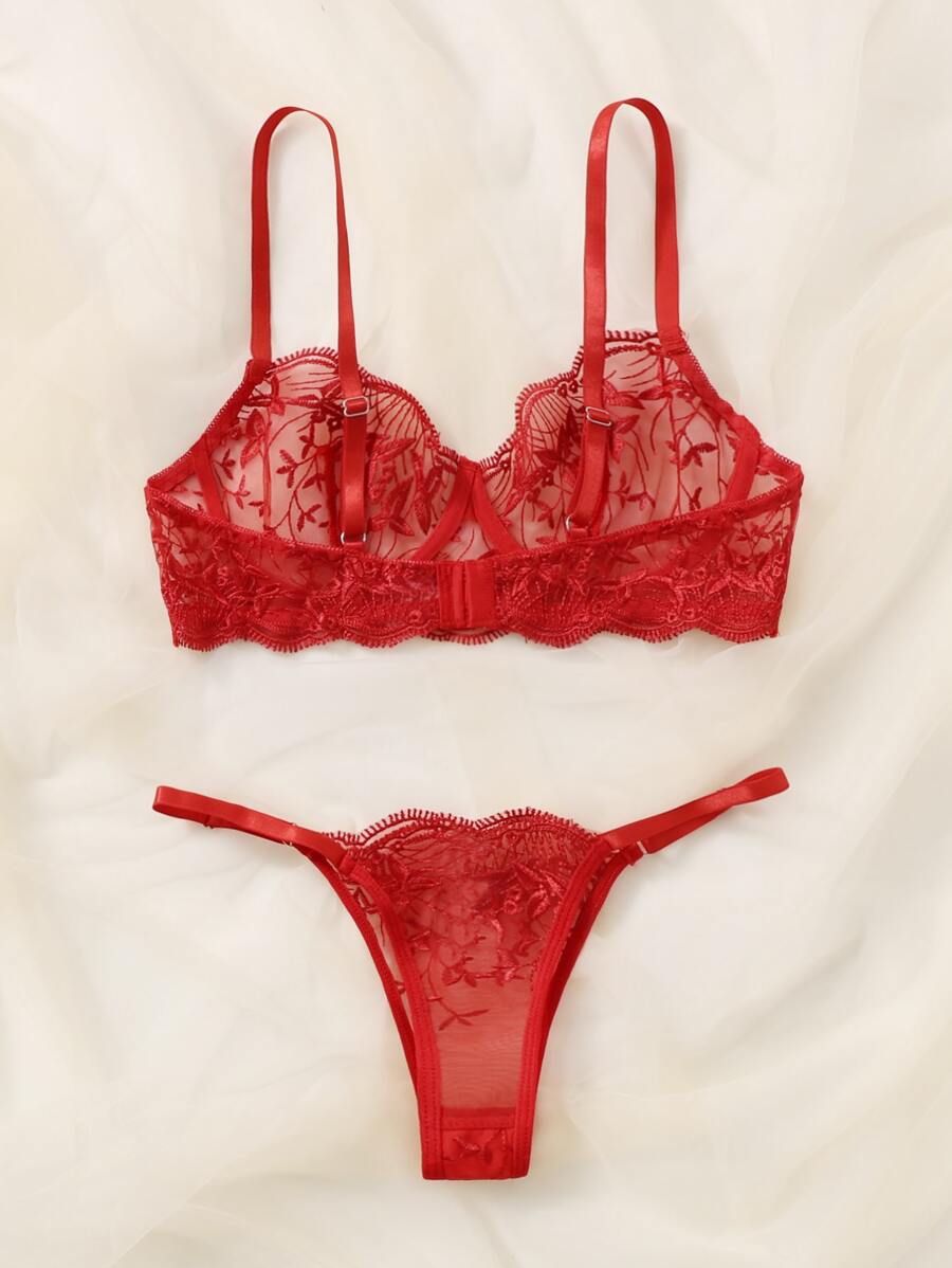 2 Pieces Embroidered Underwire Lingerie Set