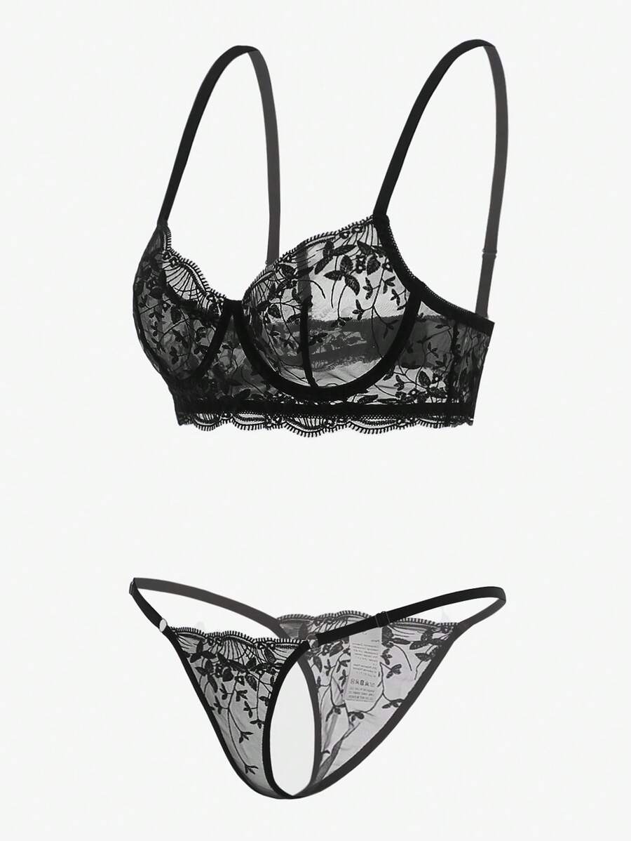 2 Pieces Embroidered Underwire Lingerie Set