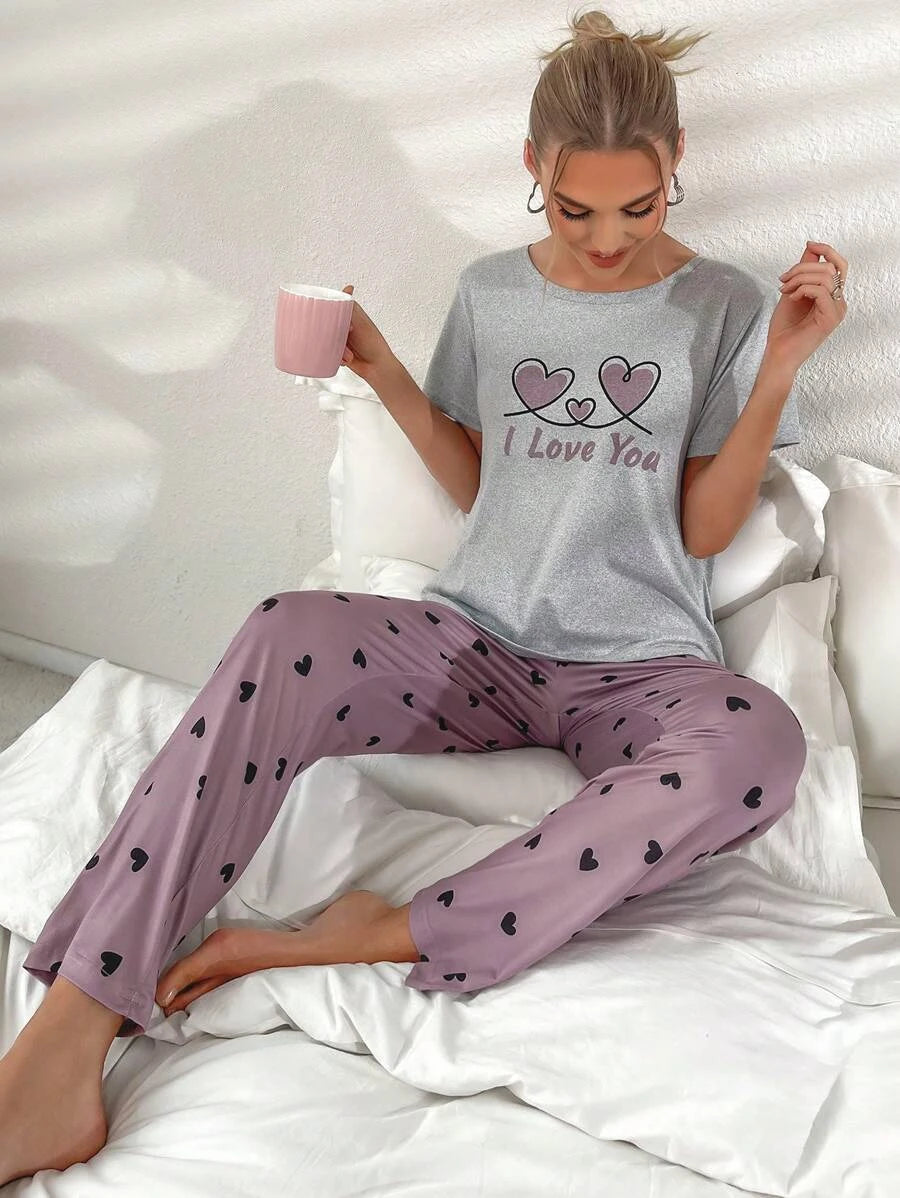 2 Pieces Letter Graphic Printed Tee And Pants Set