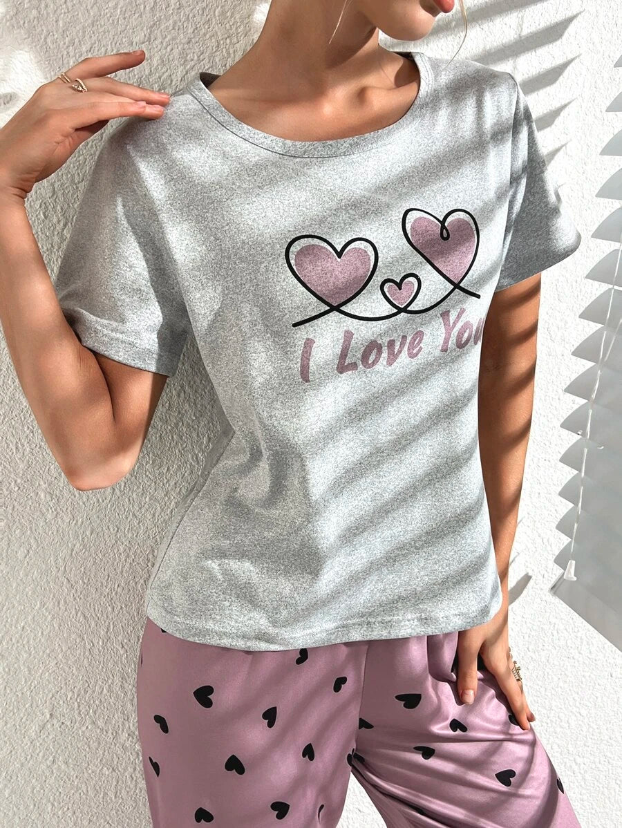 2 Pieces Letter Graphic Printed Tee And Pants Set