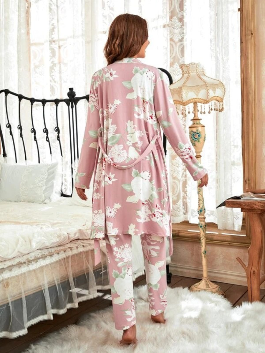 3 Piece Floral Print Belted Robe Set