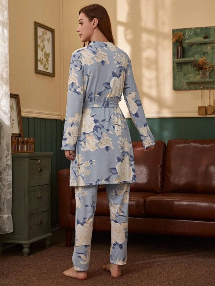 3 Piece Floral Print Belted Robe Set