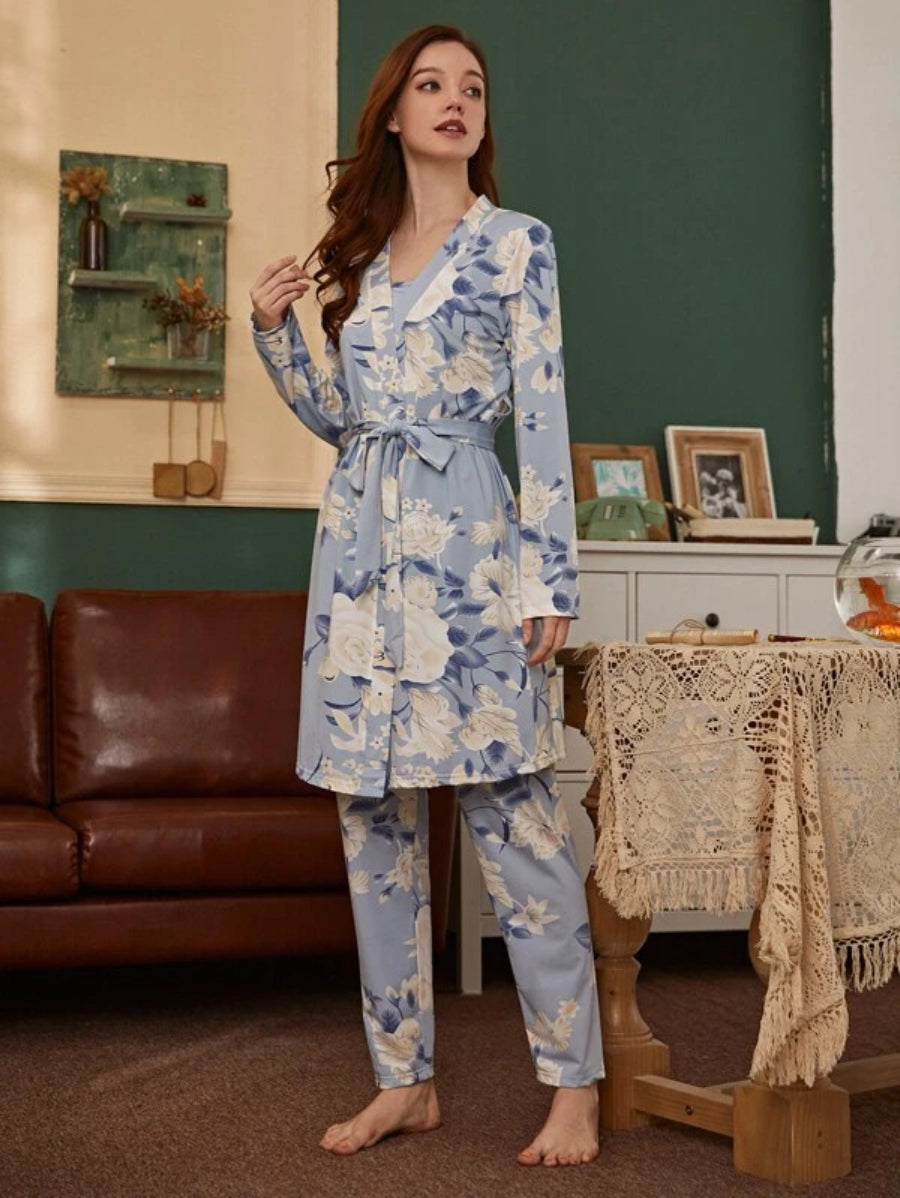 3 Piece Floral Print Belted Robe Set