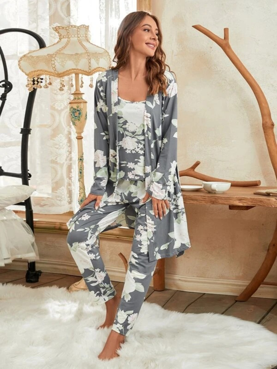 3 Piece Floral Print Belted Robe Set Gray