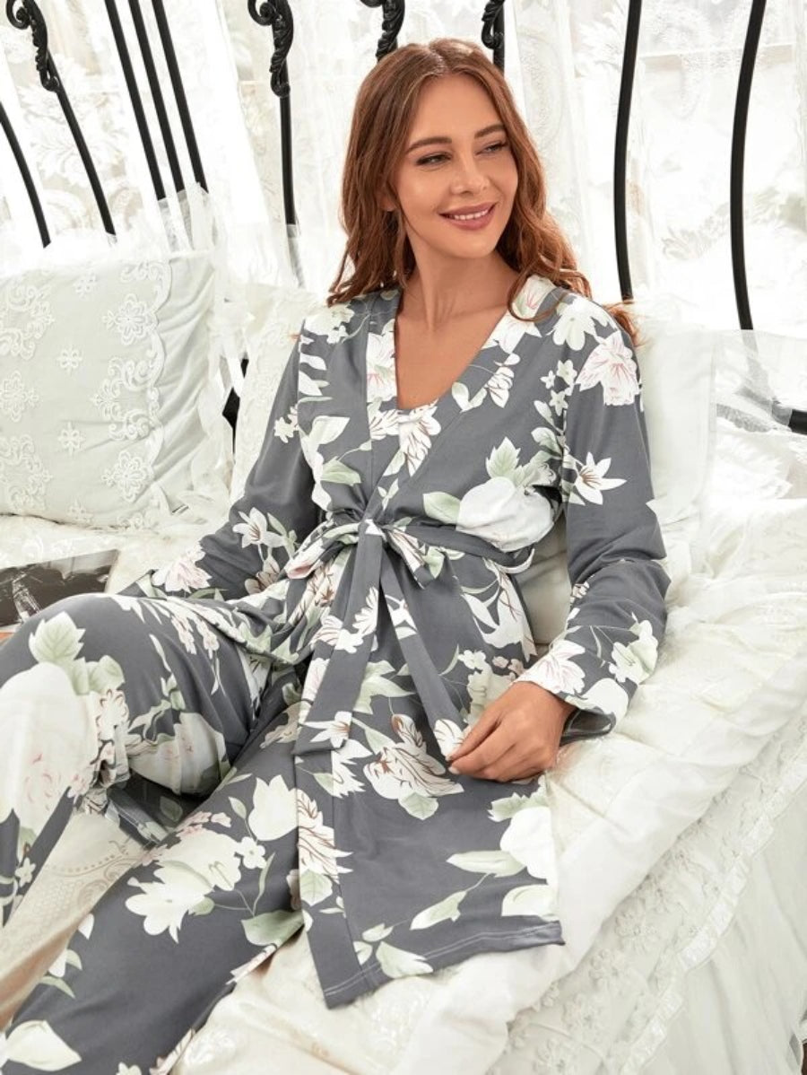 3 Piece Floral Print Belted Robe Set