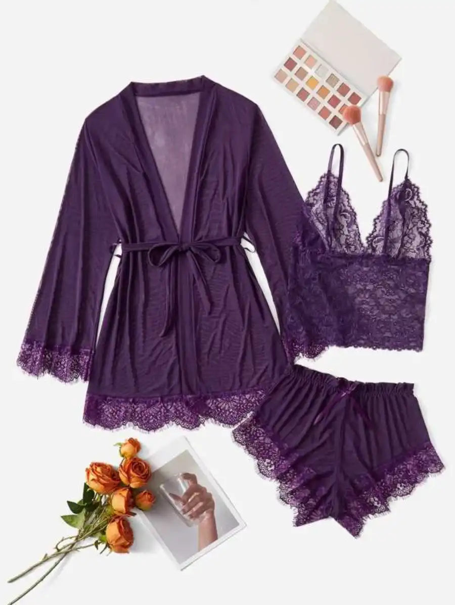 Contrast Lace Mesh Lingerie Set With Robe And Belt Purple