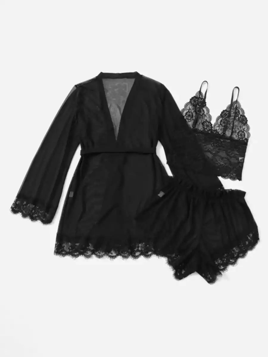 Contrast Lace Mesh Lingerie Set With Robe And Belt