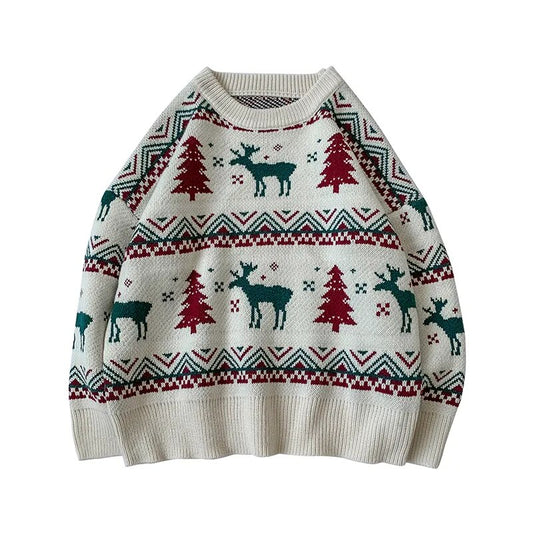 Animal And Christmas Tree Printed Pullover Sweater White