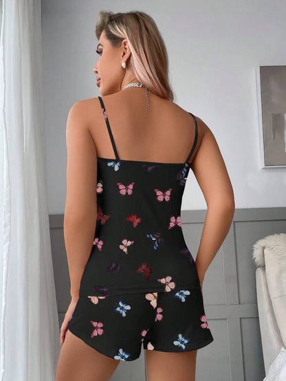 Butterfly Print Cami Top And Bow Front Shorts Set