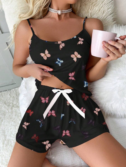 Butterfly Print Cami Top And Bow Front Shorts Set