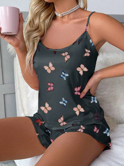 Butterfly Print Cami Top And Bow Front Shorts Set