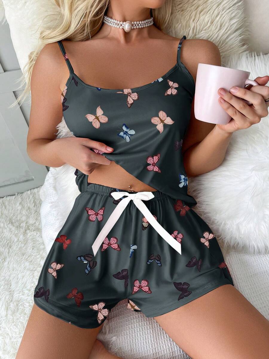 Butterfly Print Cami Top And Bow Front Shorts Set