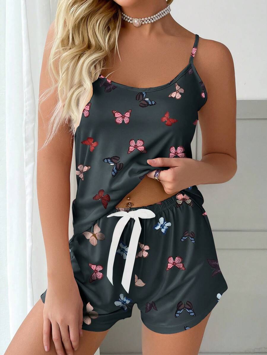 Butterfly Print Cami Top And Bow Front Shorts Set