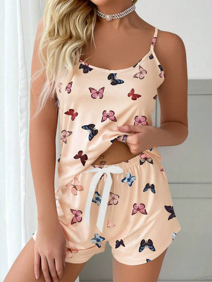 Butterfly Print Cami Top And Bow Front Shorts Set