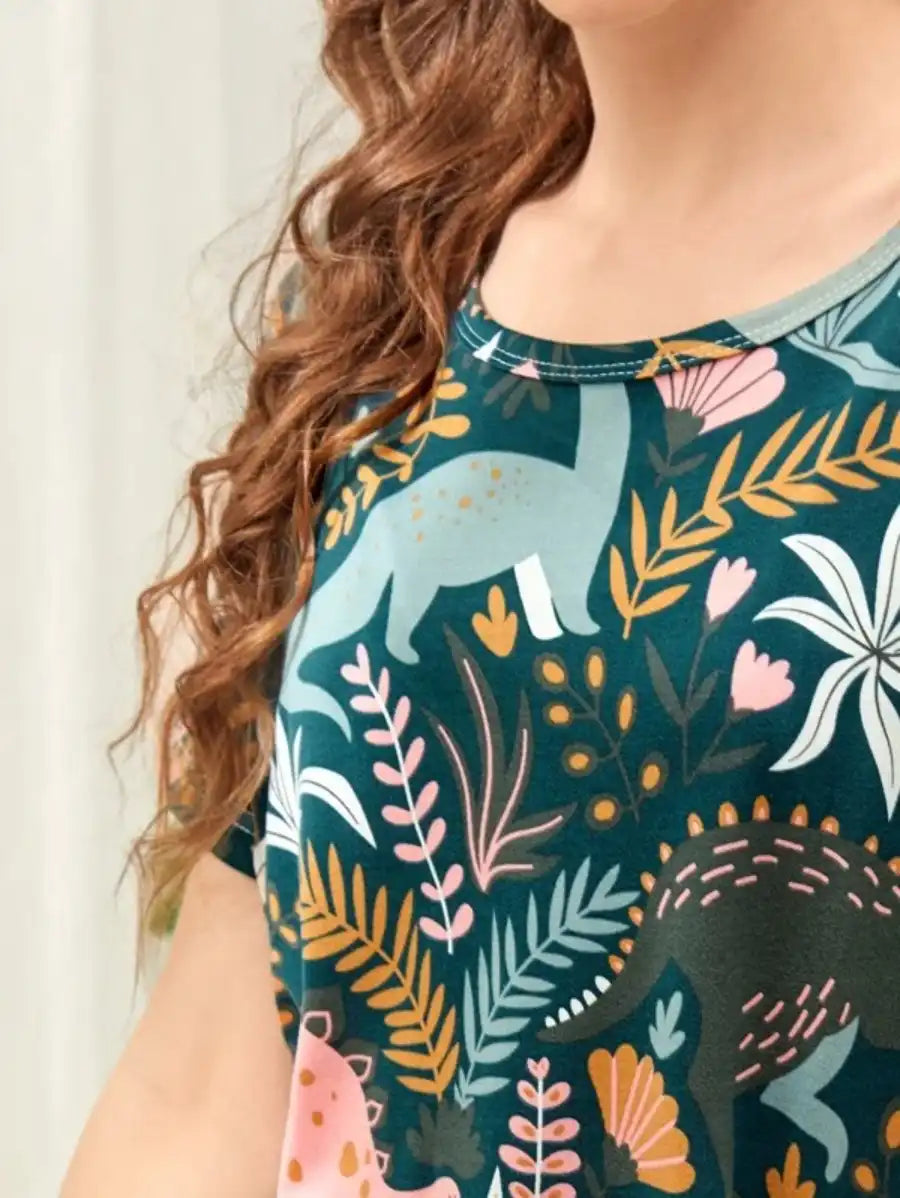 Cartoon Dinosaur And Tropical Print Night Dress