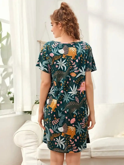 Cartoon Dinosaur And Tropical Print Night Dress