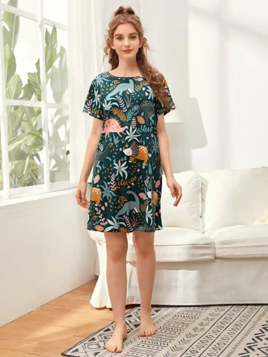 Cartoon Dinosaur And Tropical Print Night Dress