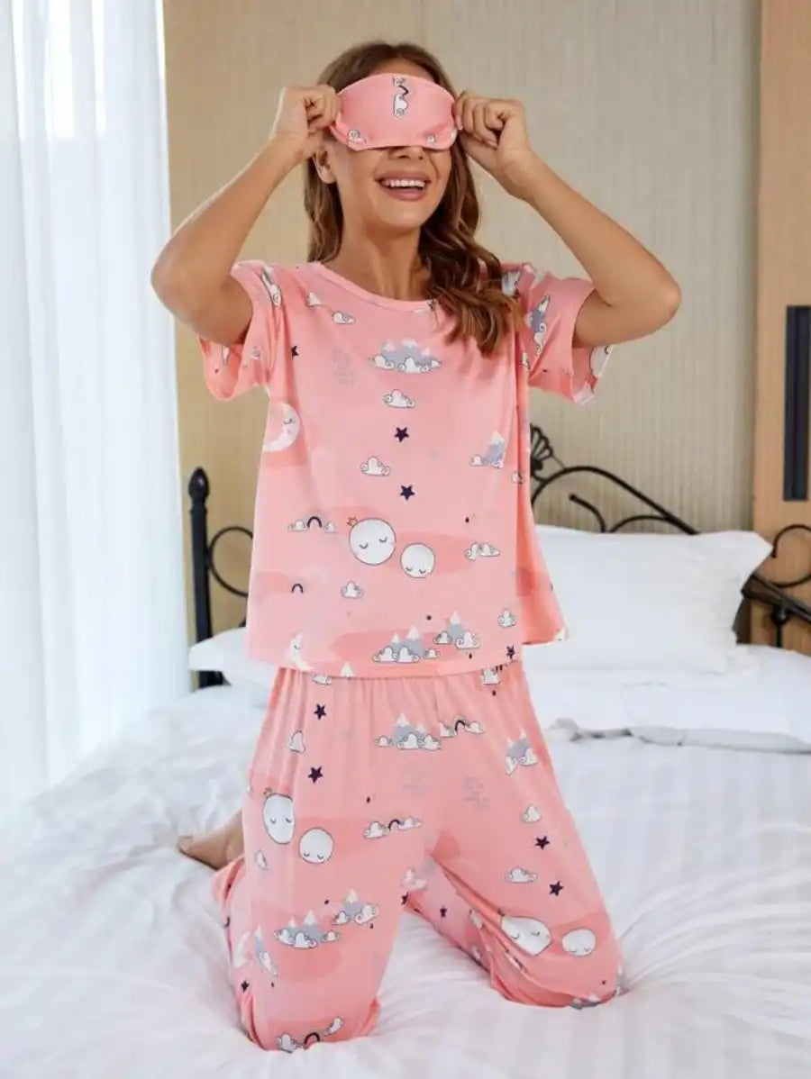 Cartoon Graphic Printed Pajama Set With Sleep Mask