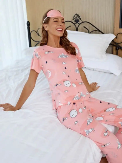 Cartoon Graphic Printed Pajama Set With Sleep Mask