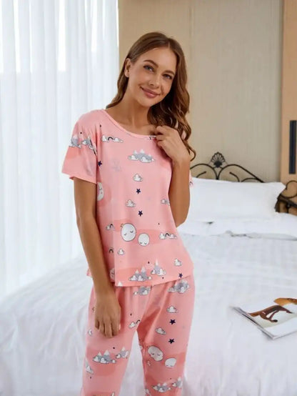 Cartoon Graphic Printed Pajama Set With Sleep Mask