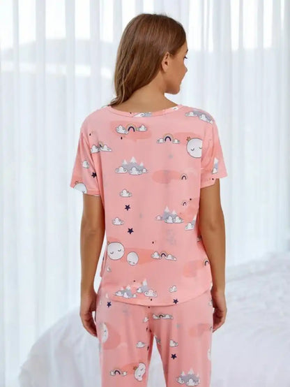 Cartoon Graphic Printed Pajama Set With Sleep Mask