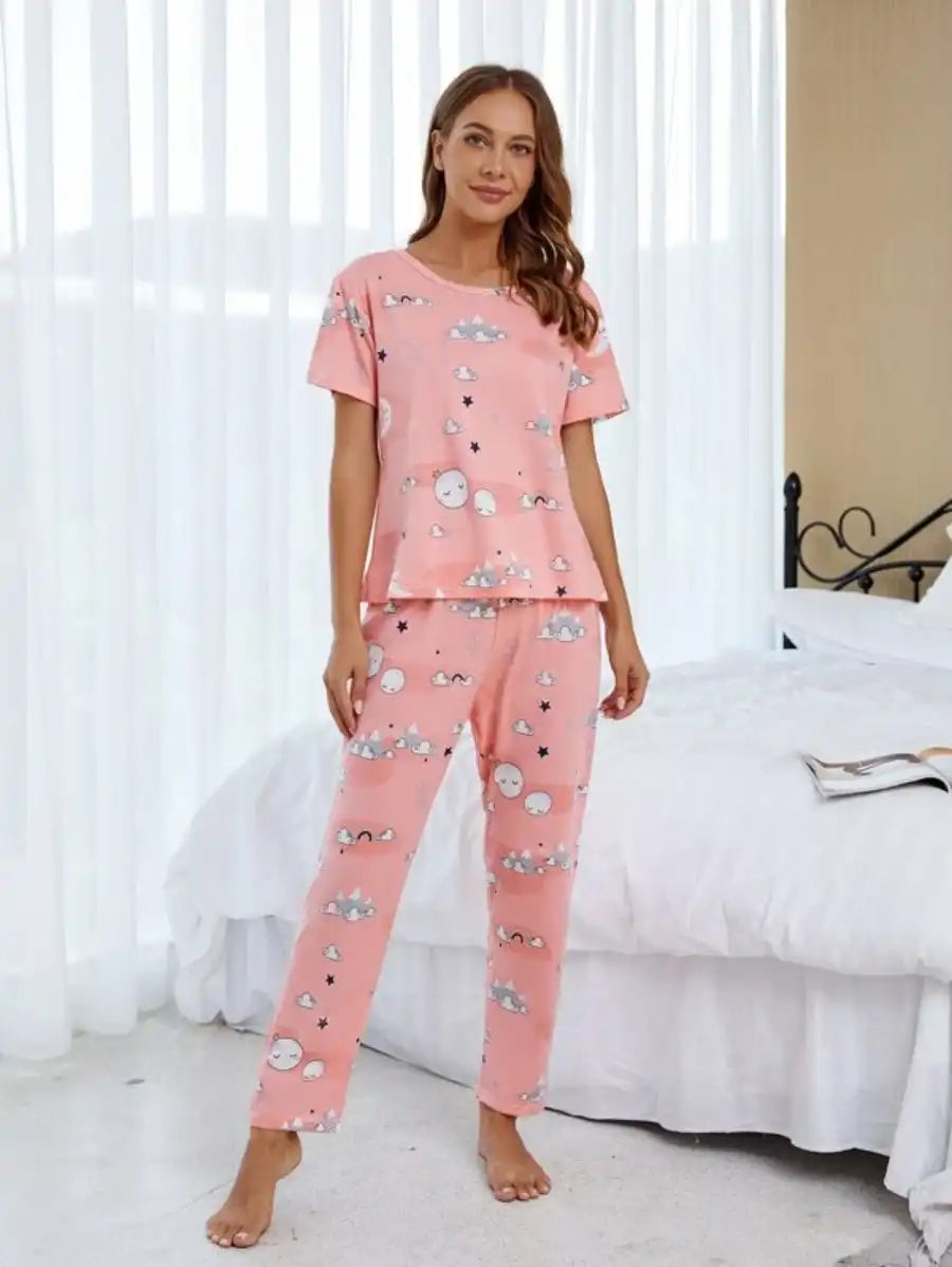 Cartoon Graphic Printed Pajama Set With Sleep Mask XL