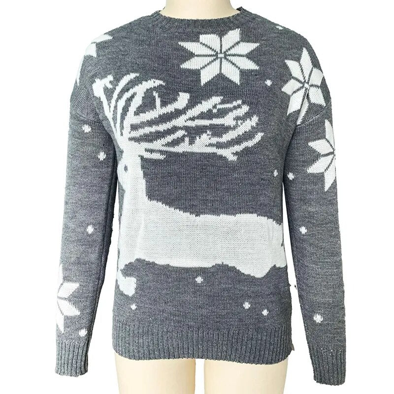 Casual Deer Printed Sweater Gray