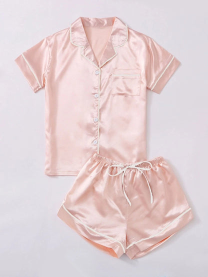 Contrast Binding Button Front Satin Set Light Pink