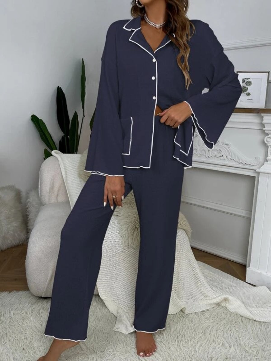 Contrast Binding Casual Lounge Set Navy Blue