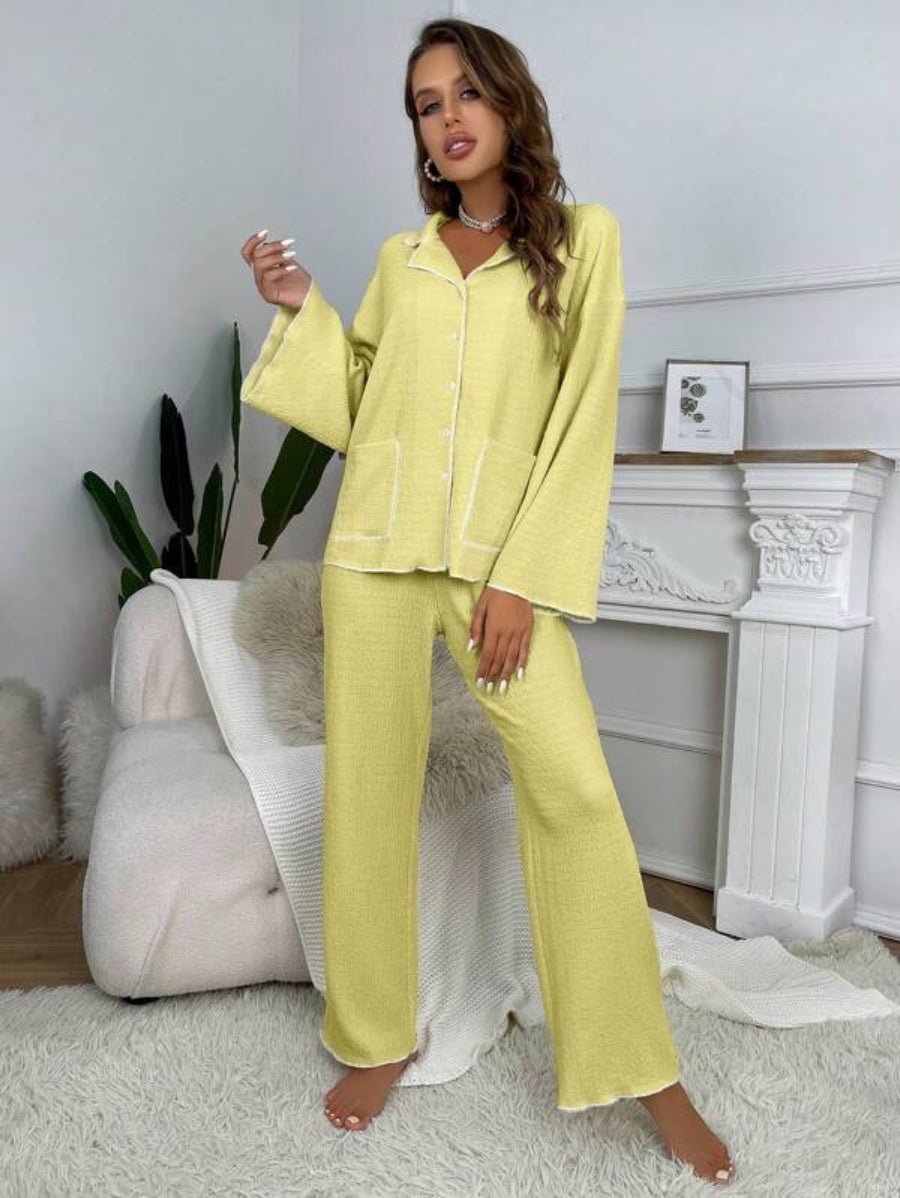 Contrast Binding Casual Lounge Set Yellow