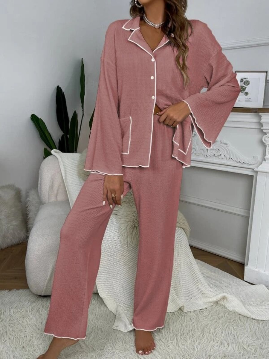 Contrast Binding Casual Lounge Set Dark Pink