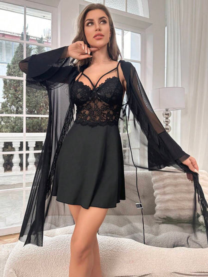 Ruffle Trim Cami Nightdress And Robe Set Black