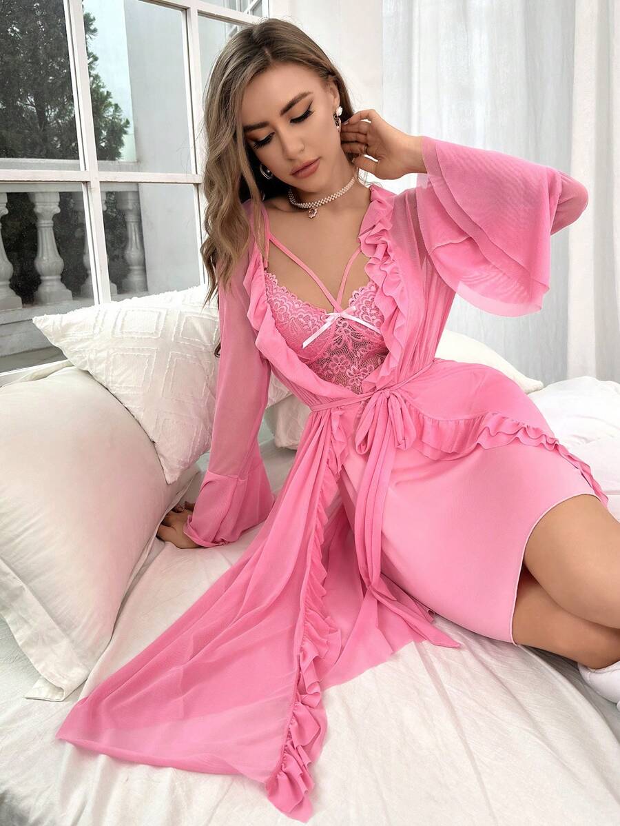 Ruffle Trim Cami Nightdress And Robe Set