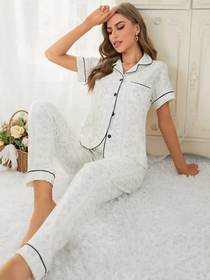 Contrast Piping Jacquard Pajama Set