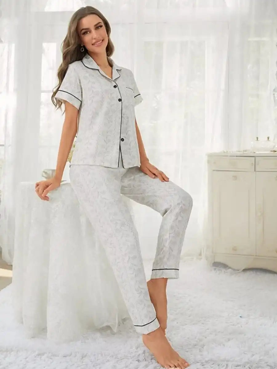 Contrast Piping Jacquard Pajama Set