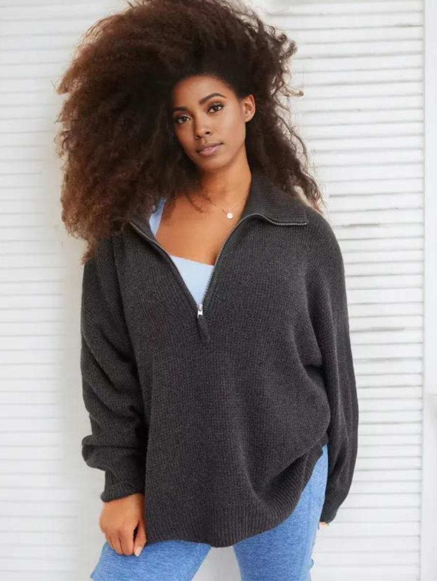 Cozy Half Zip Waffle Weave Sweater Set Dark Gray