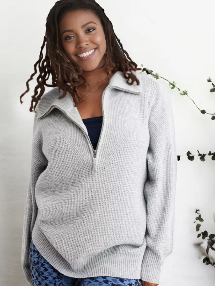 Cozy Half Zip Waffle Weave Sweater Set Light Gray