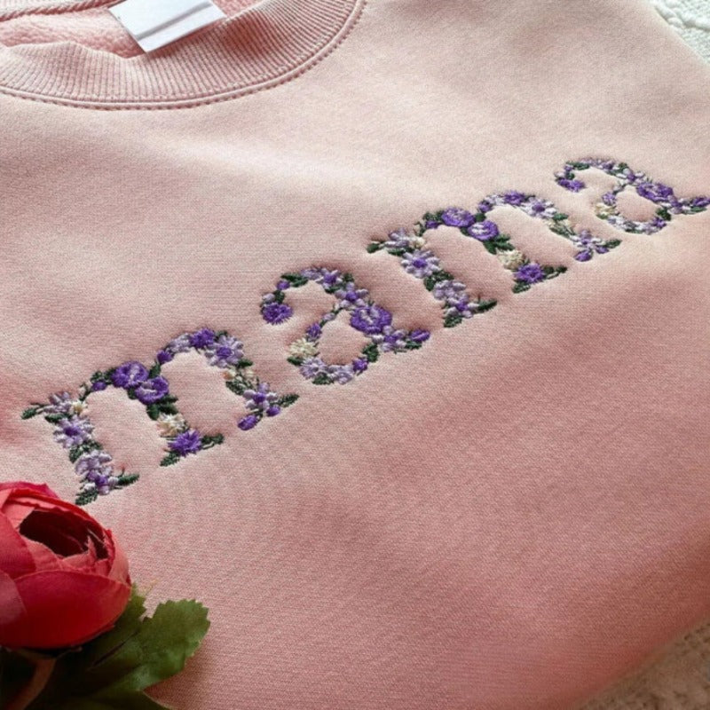 Custom Embroidered Mama Grandma Floral Hoodie Sweatshirt T Shirt Purple