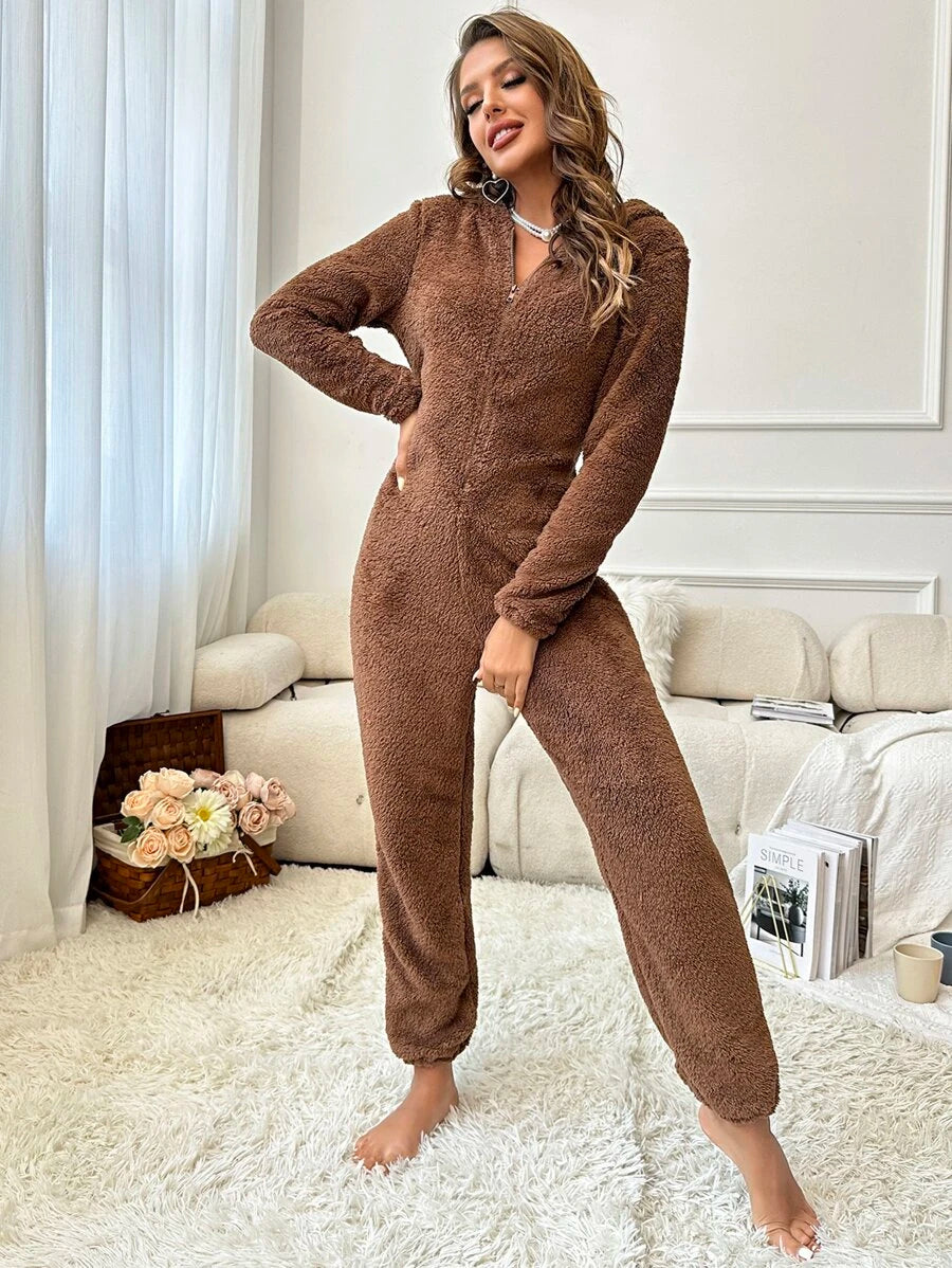 Design Hooded Zipper Sleep Romper Brown