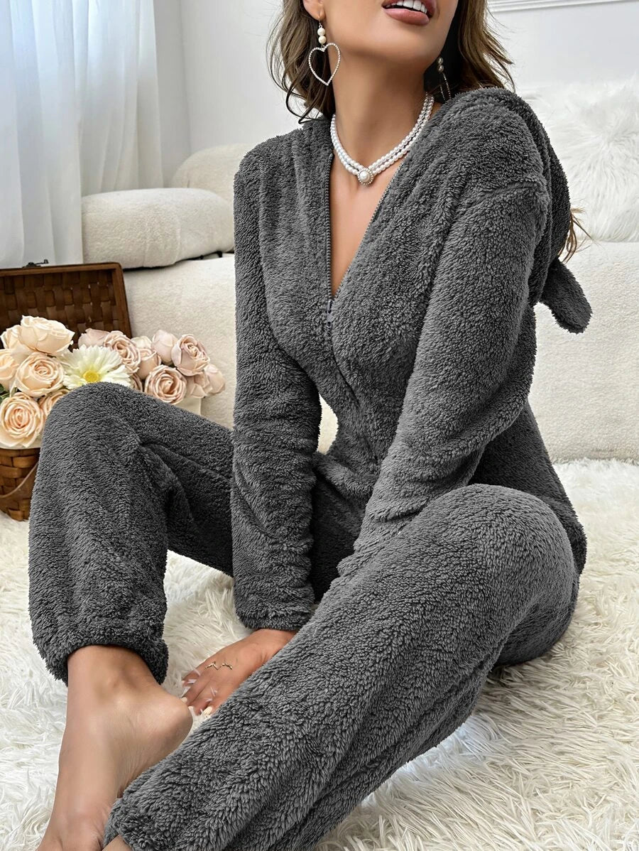 Design Hooded Zipper Sleep Romper Dark Gray