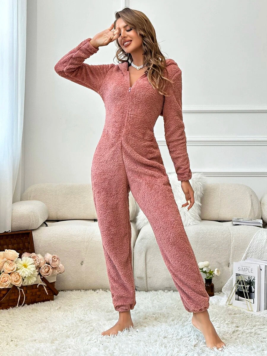 Design Hooded Zipper Sleep Romper Dark Pink