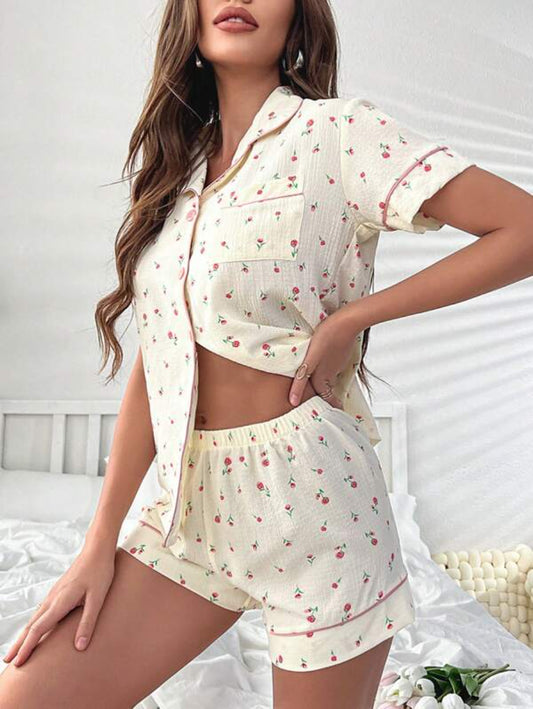 Ditsy Floral Print Contrast Piping Shorts Set