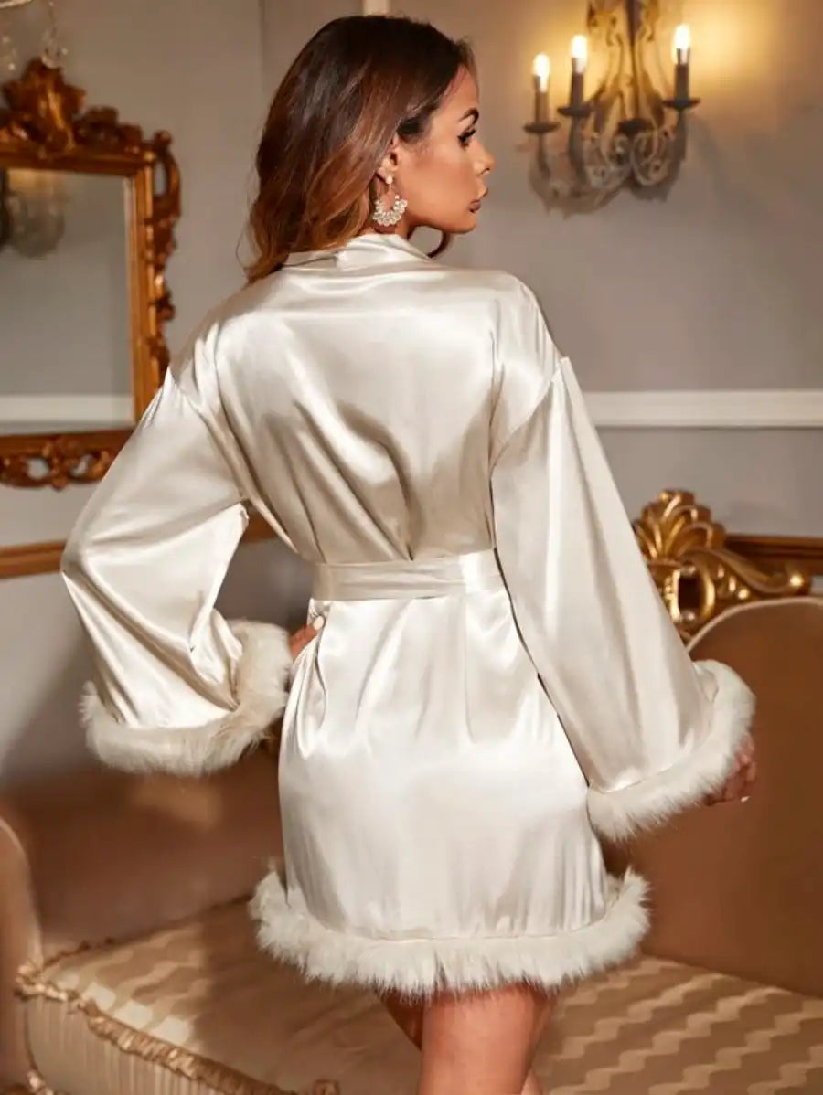 Drop Fuzzy Trim Belted Satin Sleep Robe