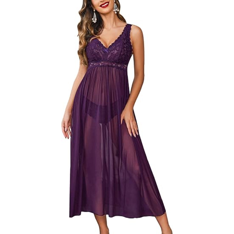 Elegant Lace Trimmed Nightdress Purple