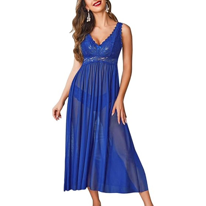 Elegant Lace Trimmed Nightdress Blue