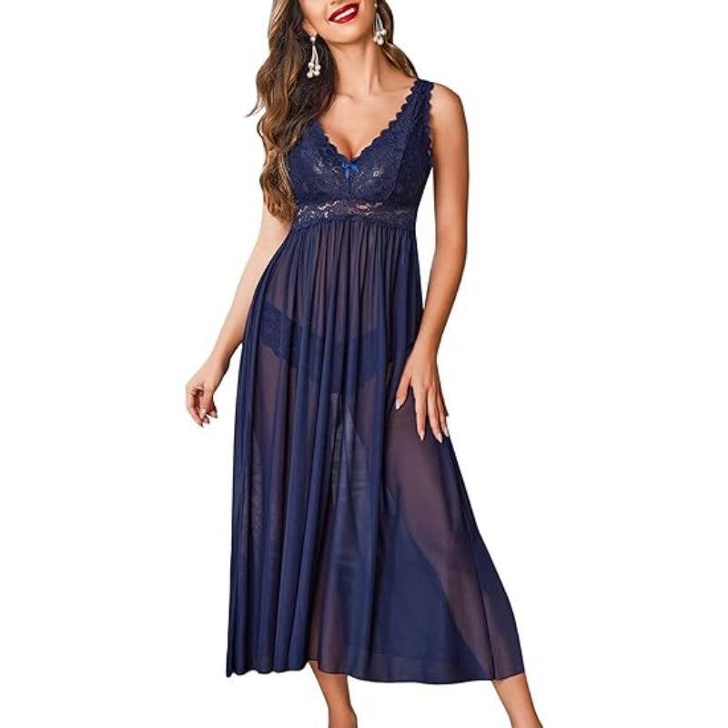 Elegant Lace Trimmed Nightdress Navy Blue