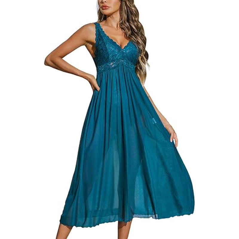 Elegant Lace Trimmed Nightdress Light Blue