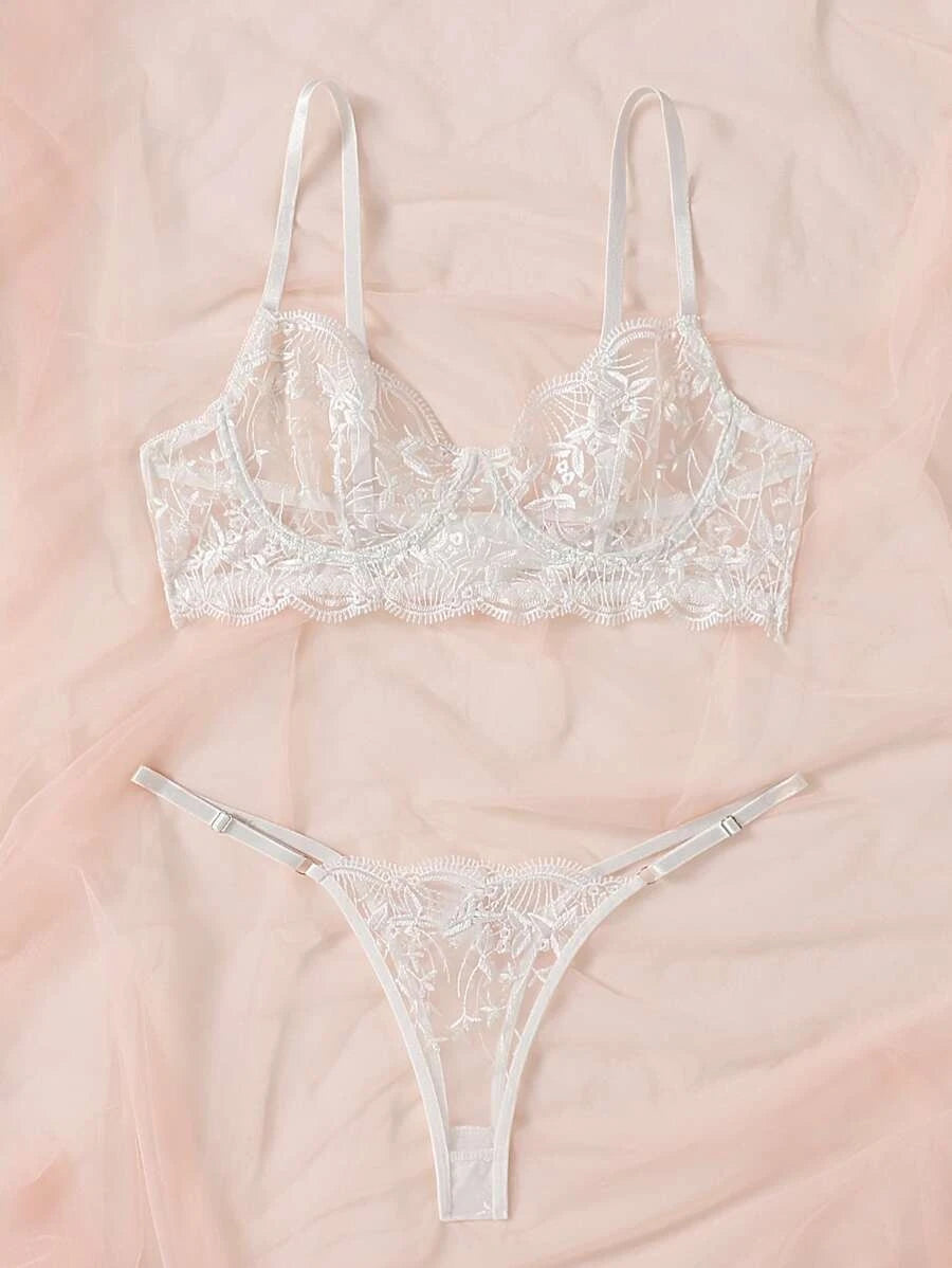 Embroidered Mesh Underwire Lingerie Set White