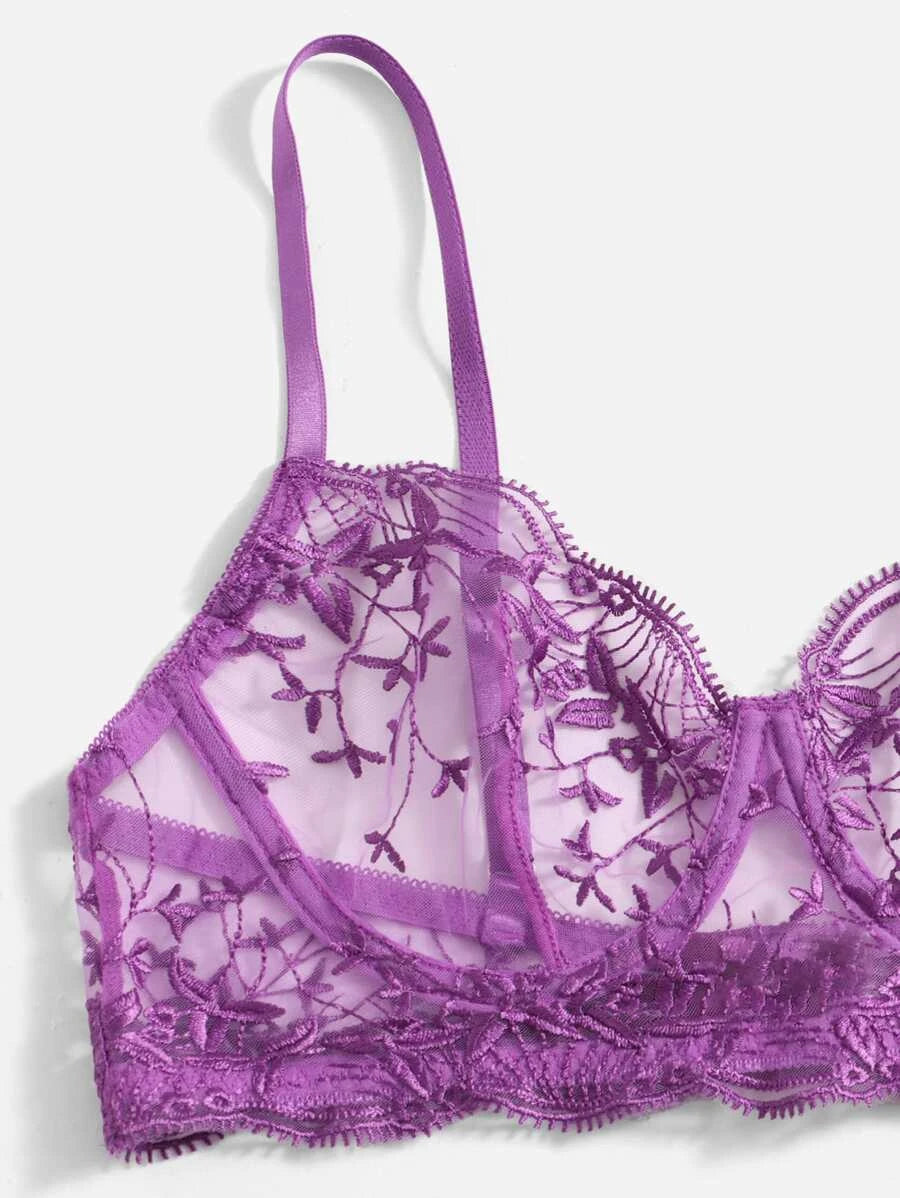 Embroidered Mesh Underwire Lingerie Set